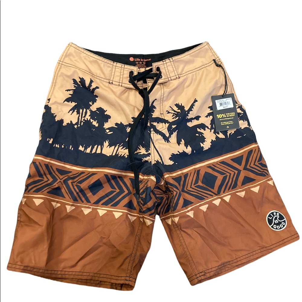 HP! NWT Life is Good Tan & Black Palm Tree Skyline Silhouette Board Shorts